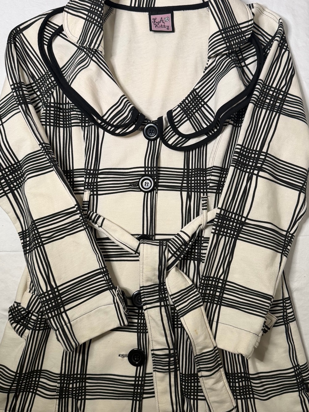 L.A. Kitty Women's Black White Plaid Button Front Belted Pocket Jacket XL
